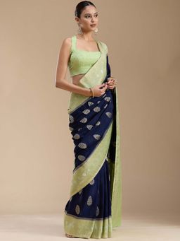 Koskii - Navy Blue Zari Work Gold Georgette Woven Saree with Unstitched Blouse