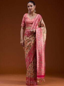 Koskii - Beige Stonework Woven Silk Saree with Unstitched Blouse