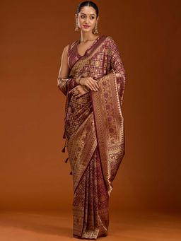 Koskii - Wine Zari Work Art Woven Silk Saree with Unstitched Blouse