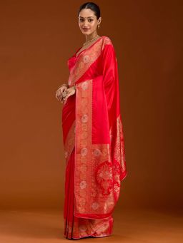 Koskii - Red Zari Work Crepe Woven Saree with Unstitched Blouse