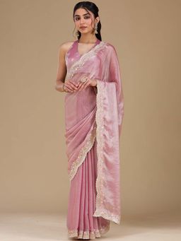 Koskii - Lavender Stonework Gold Silk Saree with Unstitched Blouse