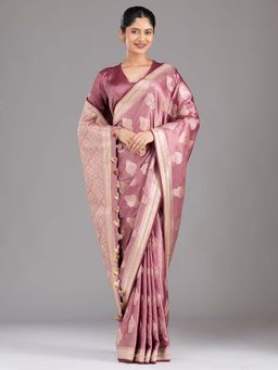 Koskii - Mauve Stonework Gold Woven Silk Saree with Unstitched Blouse