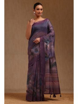 Soch - Purple Chanderi Bird Motifs Saree with Unstitched Blouse