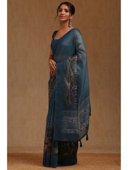 Soch - Teal Blue Chanderi Digital Print Saree with Unstitched Blouse