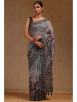 Soch - Grey Chanderi Digital Print Saree with Unstitched Blouse