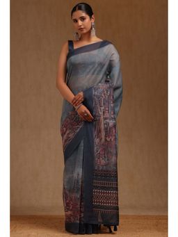 Soch - Blue Chanderi Digital Print Saree with Unstitched Blouse