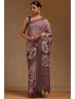 Soch - Earth Brown Chanderi Digital Print Saree with Unstitched Blouse