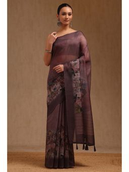 Soch - Earth Brown Chanderi Digital Print Saree with Unstitched Blouse