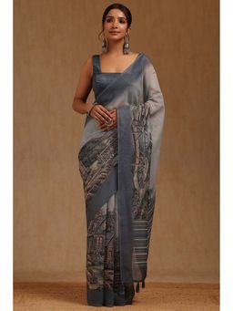 Soch - Grey Chanderi Digital Print Saree with Unstitched Blouse