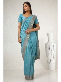Soch - Powder Blue Tussar Embroidered Stone Work Saree with Unstitched Blouse