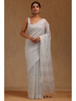 Soch - Grey Chanderi Floral Thread Work Saree with Unstitched Blouse