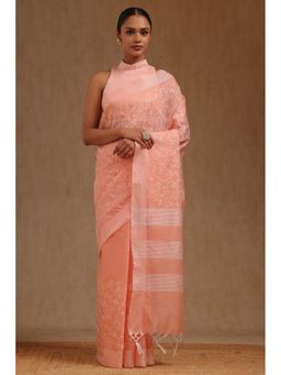 Soch - Peach Chanderi Floral Thread Work Saree with Unstitched Blouse