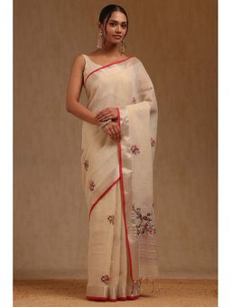 Soch - Beige Linen Embroidered Saree with Unstitched Blouse