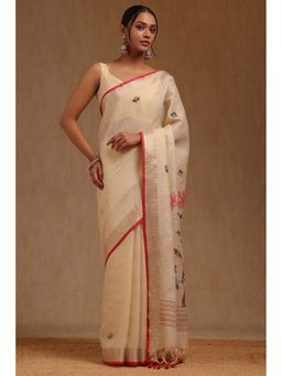 Soch - Beige Linen Embroidered Saree with Unstitched Blouse
