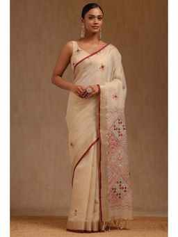 Soch - Beige Linen Embroidered Saree with Unstitched Blouse