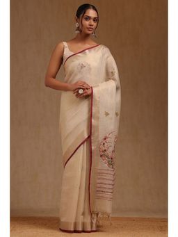 Soch - Beige Linen Embroidered Saree with Unstitched Blouse