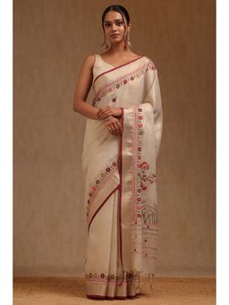 Soch - Beige Linen Embroidered Saree with Unstitched Blouse
