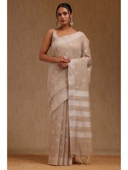 Soch - Beige Chanderi Embroidered Saree with Unstitched Blouse