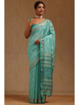 Soch - Turquoise Blue Tussar Woven Design Saree with Unstitched Blouse