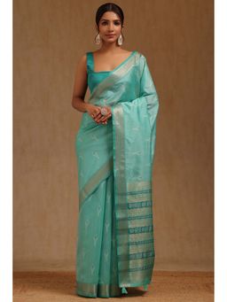 Soch - Turquoise Blue Tussar Woven Design Saree with Unstitched Blouse