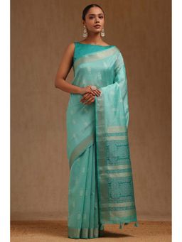 Soch - Turquoise Blue Tussar Woven Design Saree with Unstitched Blouse