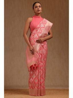 Soch - Pink Linen Zari Woven Saree with Unstitched Blouse