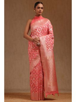 Soch - Pink Linen Zari Woven Saree with Unstitched Blouse