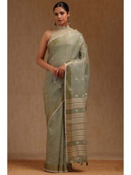 Soch - Sap Green Linen Woven Design Saree with Unstitched Blouse