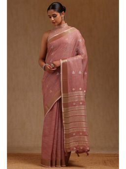 Soch - Peach Linen Woven Design Saree with Unstitched Blouse