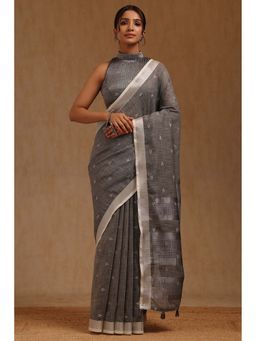 Soch - Grey Linen Woven Design Saree with Unstitched Blouse