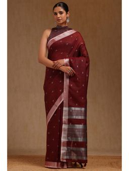 Soch - Maroon Linen Woven Design Saree with Unstitched Blouse