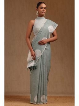 Soch - Sap Green Linen Woven Design Saree with Unstitched Blouse