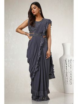 Soch - Charcoal Nylon Blend Saree with Stitched Blouse & Belt