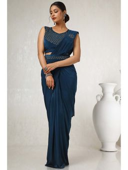 Soch - Teal Nylon Blend Saree with Stitched Blouse & Belt