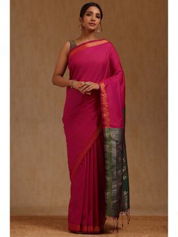 Soch - Red Pink Silk Woven Saree with Unstitched Blouse