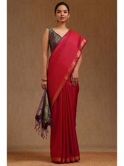 Soch - Red Pink Silk Woven Saree with Unstitched Blouse