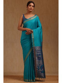Soch - Teal Silk Woven Saree with Unstitched Blouse