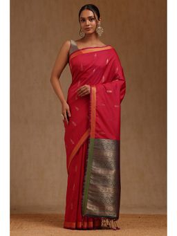 Soch - Red Silk Zari Woven Saree with Unstitched Blouse
