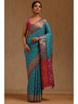 Soch - Blue Silk Patola Woven Saree with Unstitched Blouse