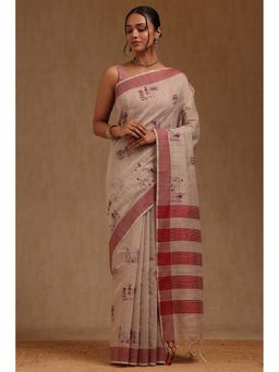 Soch - Beige Chanderi Warli Design Thread Work Saree with Unstitched Blouse