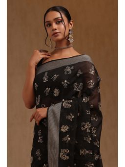 Soch - Black Chanderi Warli Design Thread Work Saree with Unstitched Blouse