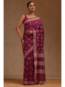 Soch - Wine Chanderi Warli Design Thread Work Saree with Unstitched Blouse