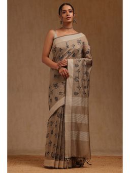 Soch - Beige Chanderi Warli Design Thread Work Saree with Unstitched Blouse