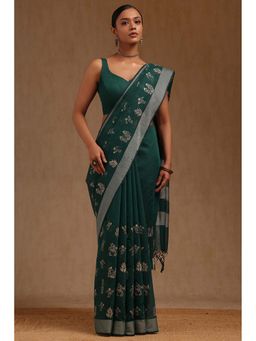 Soch - Teal Green Chanderi Warli Design Thread Work Saree with Unstitched Blouse