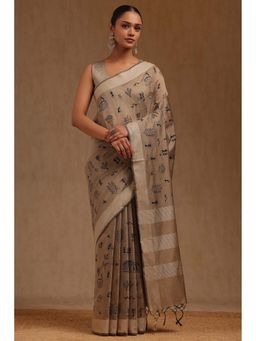 Soch - Beige Chanderi Warli Design Thread Work Saree with Unstitched Blouse