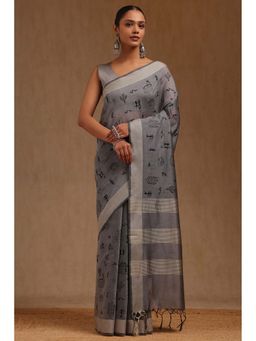 Soch - Grey Chanderi Warli Design Thread Work Saree with Unstitched Blouse