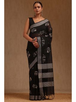 Soch - Black Chanderi Warli Design Thread Work Saree with Unstitched Blouse