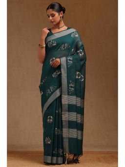 Soch - Teal Chanderi Warli Design Thread Work Saree with Unstitched Blouse