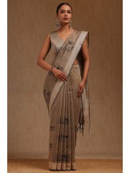 Soch - Beige Chanderi Warli Design Thread Work Saree with Unstitched Blouse