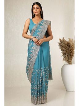 Soch - Blue Chiffon Embroidered Saree with Unstitched Blouse